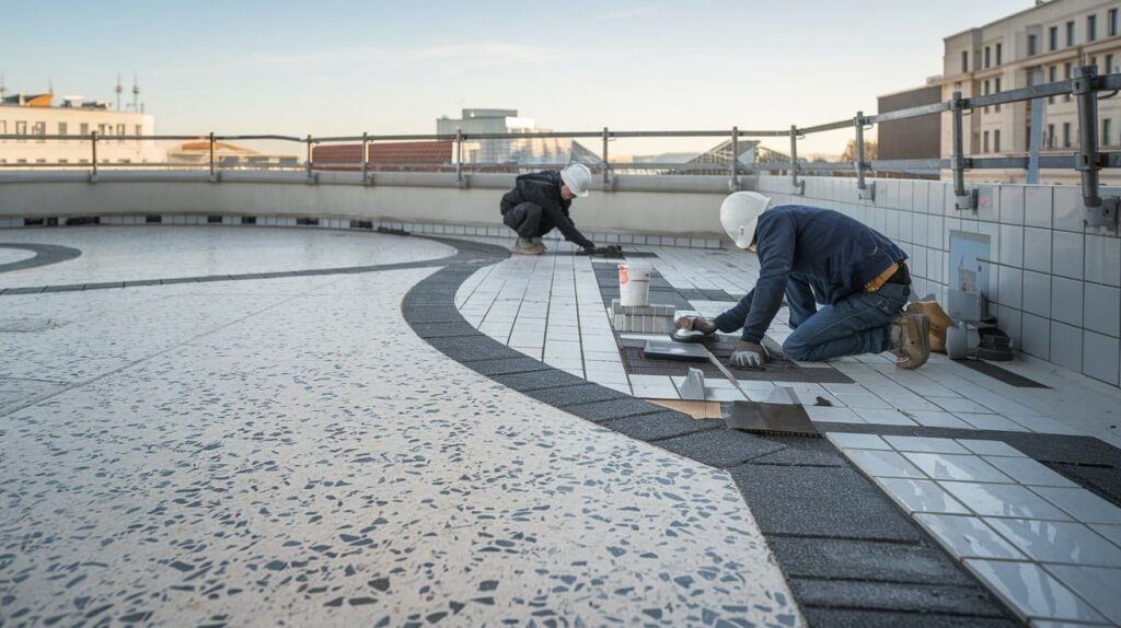 impermeabilizzazione terrazzo, due operai edili stanno compiendo l'impermeabilizzazione in un terrazo esterno